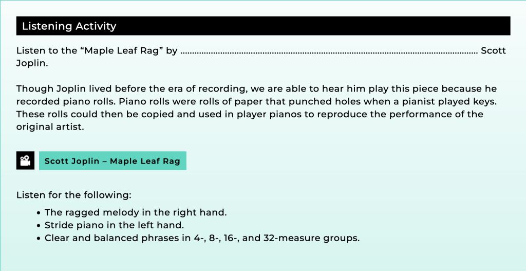 Screen-capture of a listening activity from the online textbook. This particular activity features Scott Joplin from chapter 11